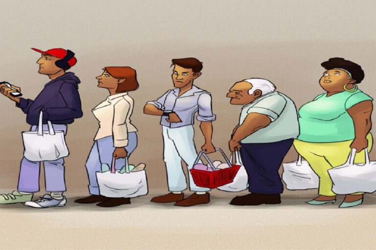 Teste visual com cinco pessoas em fila de supermercado segurando sacolas e um cesto, todas aguardando atentas