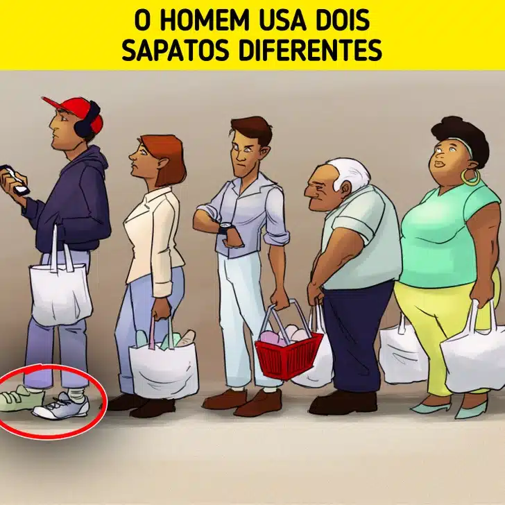 Teste visual com cinco pessoas em fila de supermercado segurando sacolas e um cesto, todas aguardando atentas