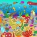 Teste visual com o fundo do mar repleto de corais, polvos, conchas, águas-vivas e cavalos-marinhos em meio ao desafio de encontrar um peixe oculto