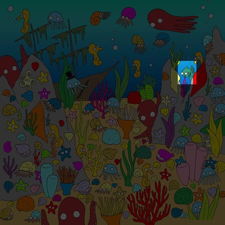 Teste visual com o fundo do mar repleto de corais, polvos, conchas, águas-vivas e cavalos-marinhos em meio ao desafio de encontrar um peixe oculto