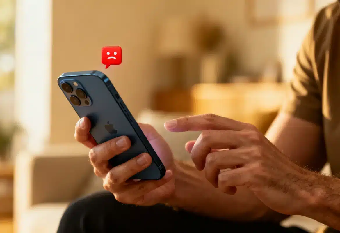 Notificação de alerta de segurança em iPhone mostrando ícone de aviso.