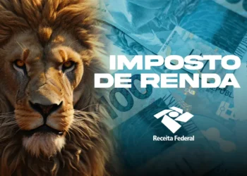Leão do Imposto de Renda ao lado de notas de real representando o calendário da restituição divulgado pela Receita Federal
