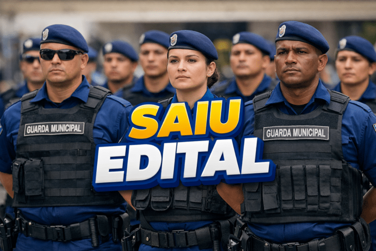 Grupo de guardas municipais uniformizados com coletes e boinas azuis em formação
