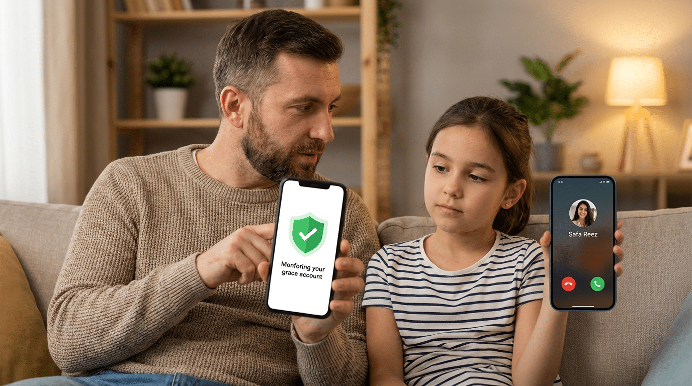 Pai mostrando tela de celular com app de proteção enquanto filha segura smartphone com chamada de vídeo