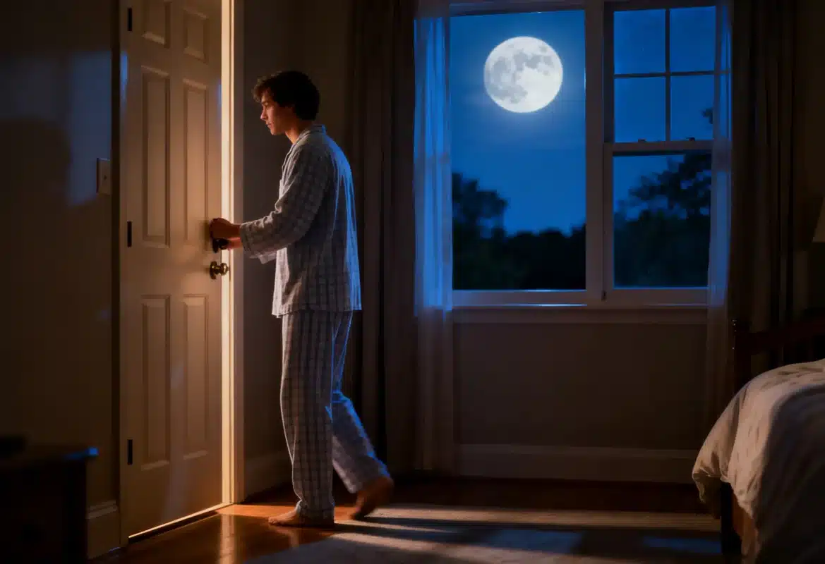 Homem fechando a porta do quarto durante a noite com a lua cheia visível pela janela.