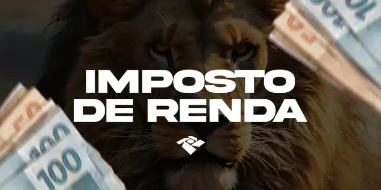 Ilustração com rosto de um leão ao fundo e a inscrição "Imposto de Renda" em destaque, cercada por notas de 100 reais em movimento.