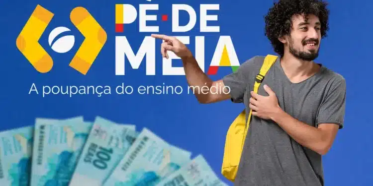 Homem sorridente com mochila amarela e notas de R$100 ao fundo, promovendo o programa de poupança do ensino médio Pé-de-Meia