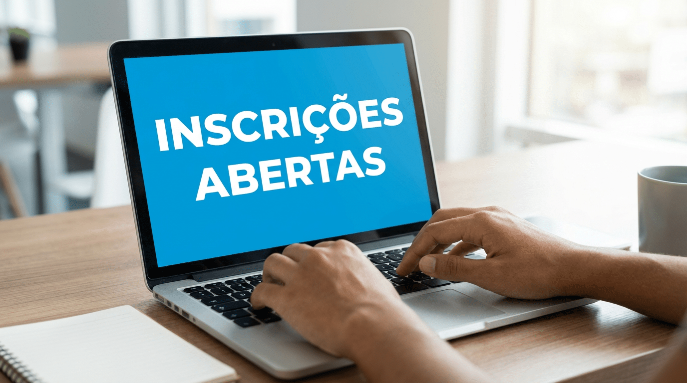Pessoa digitando em notebook com tela azul escrito inscrições abertas