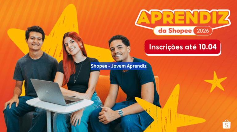 Banner do programa Aprendiz da Shopee 2026 com inscrições até 10 de abril e três jovens sorrindo