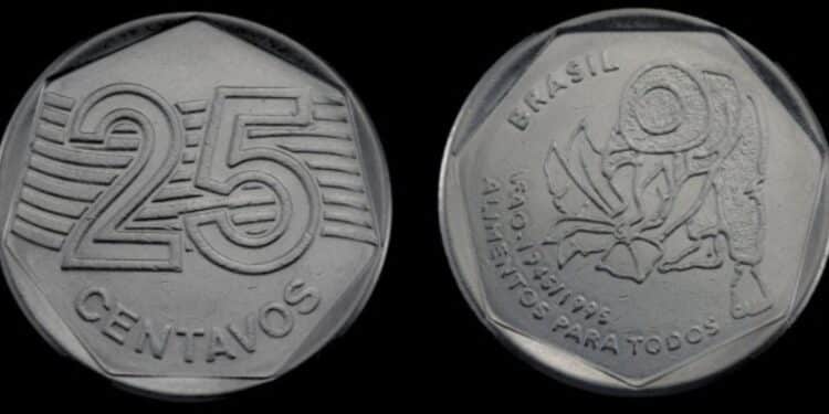 Frente e verso da moeda de 25 centavos comemorativa da FAO de 1995, mostrando o desenho do semeador e a inscrição 'Alimentos para Todos'.