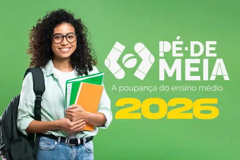 Aluna do ensino médio com mochila e cadernos ao lado da identidade visual do programa Pé-de-Meia 2026.