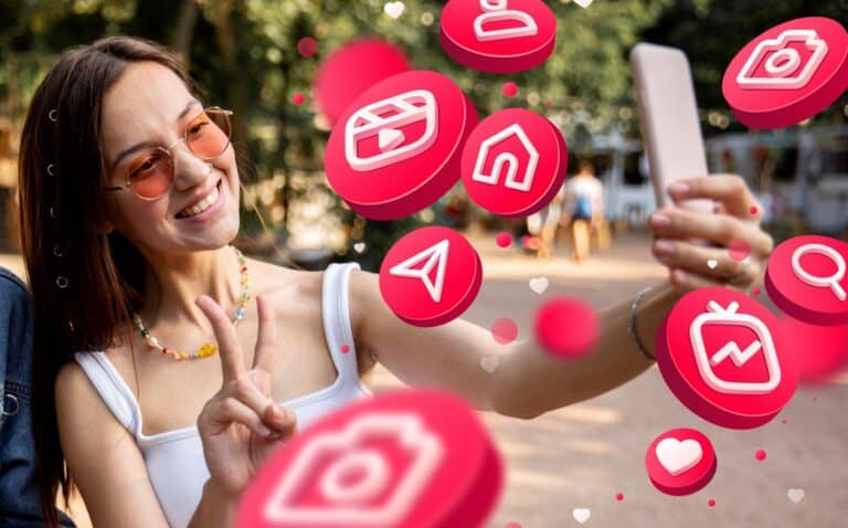 Usuária tirando selfie com celular enquanto elementos gráficos do Instagram ilustram novos recursos premium como stories anônimos.