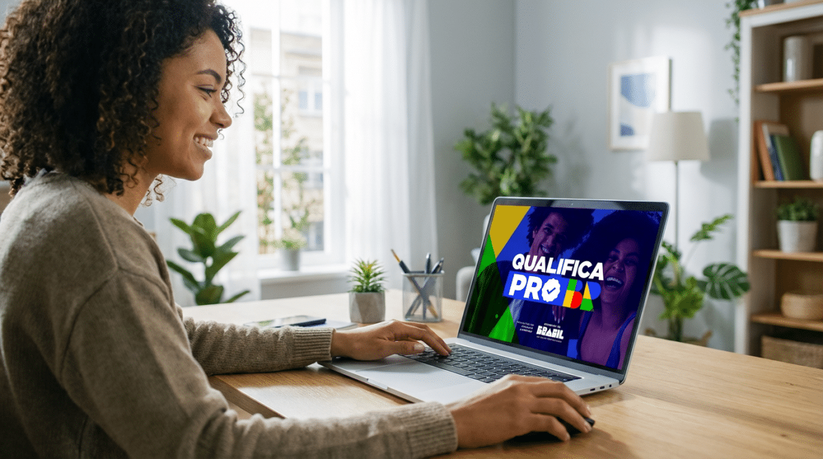 Mulher sorrindo utiliza notebook com tela exibindo plataforma Qualifica Pro