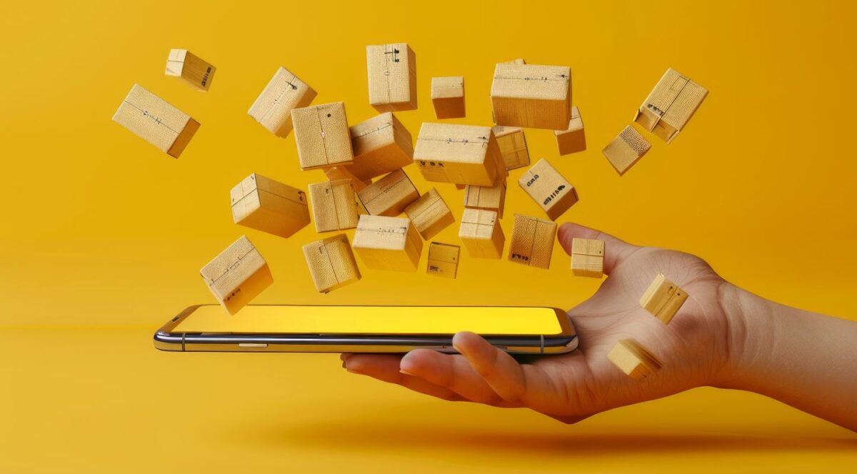 Caixas de papelão flutuam sobre smartphone.
