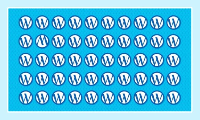 Grade com 50 logos do WordPress em fundo azul, com um símbolo diferente na segunda linha para desafio visual