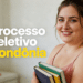 Jovem mulher sorridente segurando livros coloridos com texto "Processo seletivo Rondônia" sobreposto.