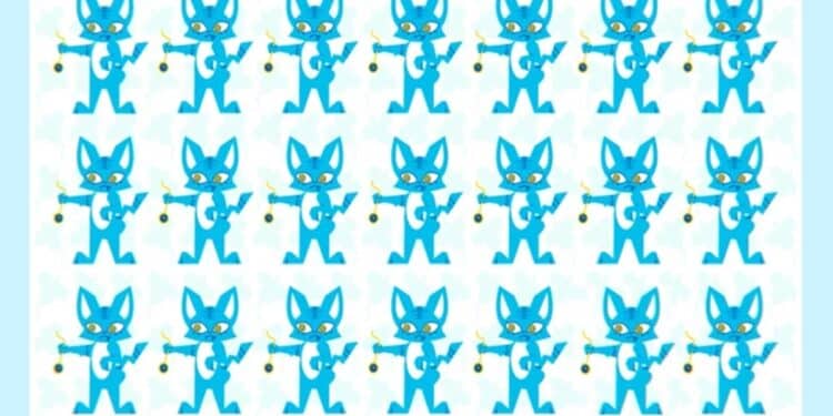 Grade com 21 gatos azuis em estilo desenho, braços abertos, organizados em 4 fileiras sobre fundo azul claro.