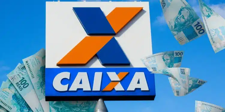 Logo da Caixa com notas de R$ 100 flutuando, representando o valor de R$ 6.220 disponível para CPFs com finais 0 a 9 a partir de quinta-feira (9).
