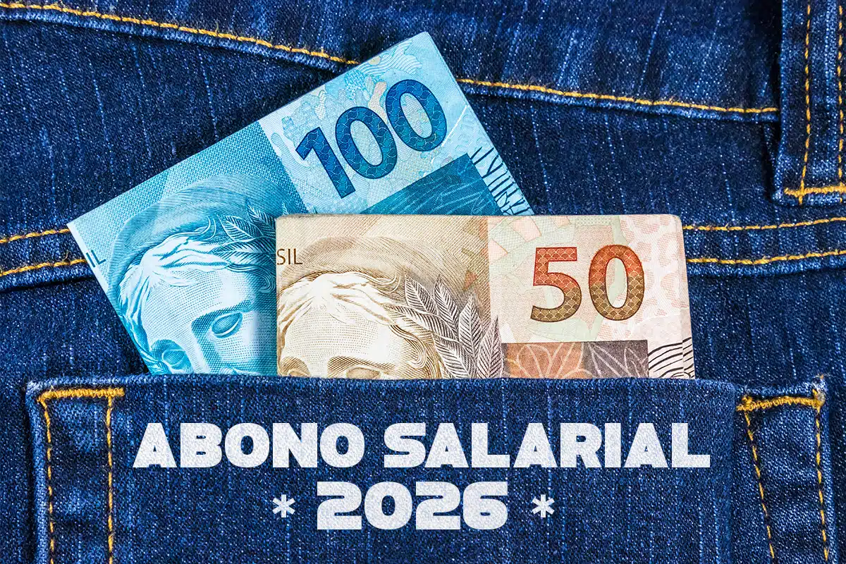 Notas de 100 e 50 reais saindo do bolso de uma calça jeans com a legenda 'Abono Salarial 2026', ilustrando o valor do benefício.
