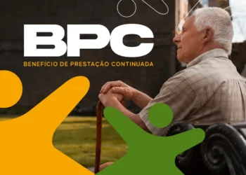 Imagem destacando o Benefício de Prestação Continuada (BPC) com foco em um idoso e elementos gráficos coloridos.