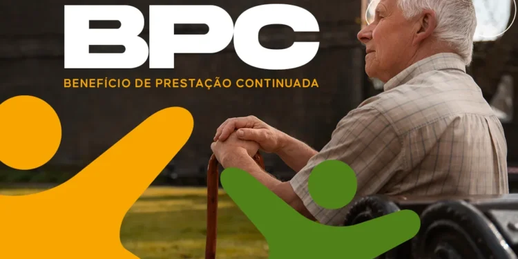 Imagem destacando o Benefício de Prestação Continuada (BPC) com foco em um idoso e elementos gráficos coloridos.