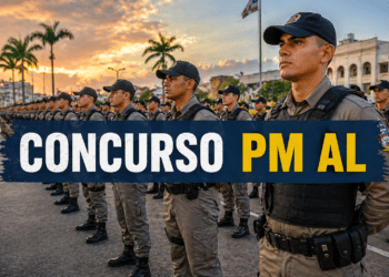 Policiais militares da PM-AL em formação usando uniformes cinza, coletes e bonés escuros, durante cerimônia ao pôr do sol.