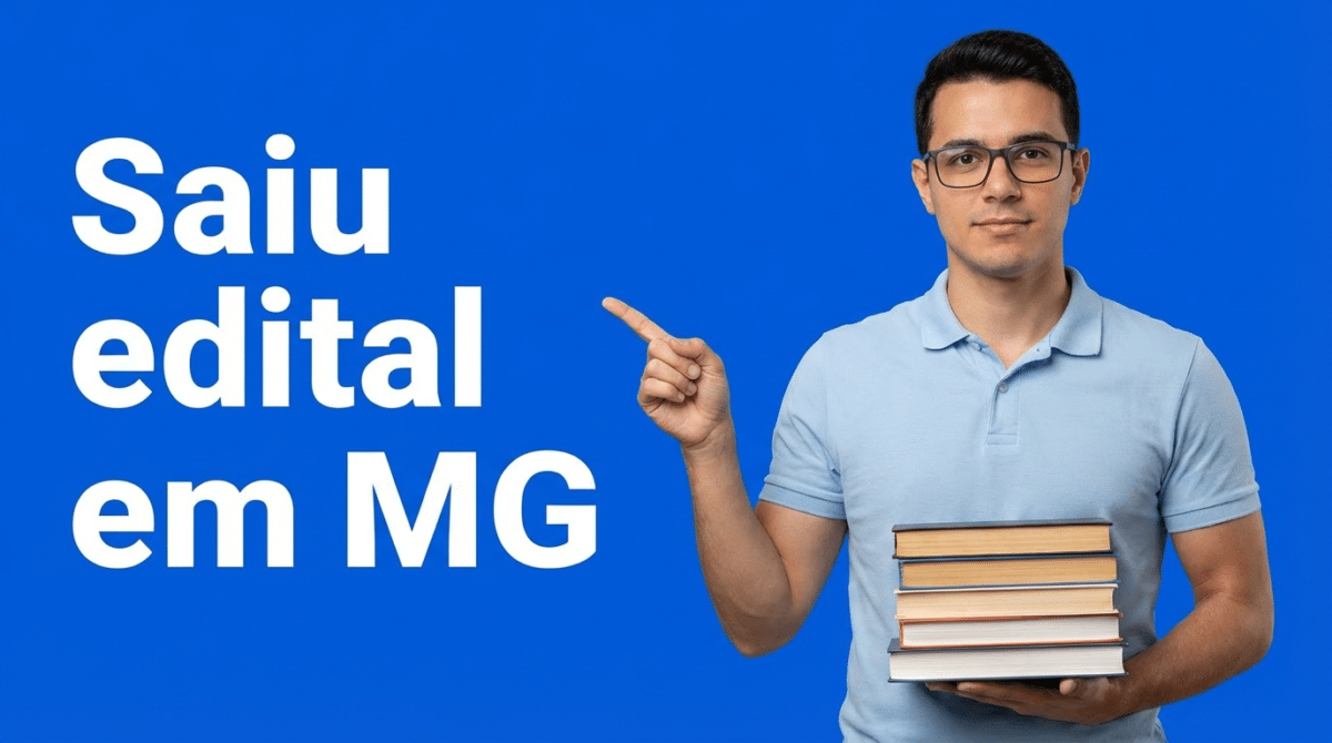 Homem jovem com óculos e camisa polo azul clara segura livros e aponta para texto "Saiu edital em MG" sobre fundo azul
