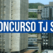 Sede do Tribunal de Justiça de Santa Catarina com faixa azul sobreposta exibindo texto "CONCURSO TJ SC"