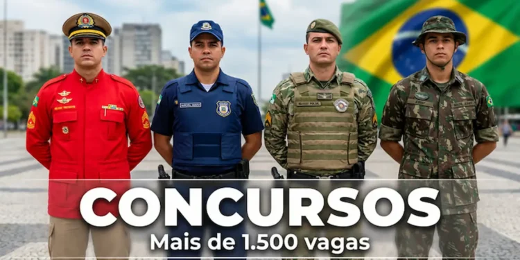 Foto de uniformes de profissionais das forças de segurança, incluindo Bombeiros, Polícia e Exército, com destaque para os concursos públicos que oferecem mais de 1.500 vagas.