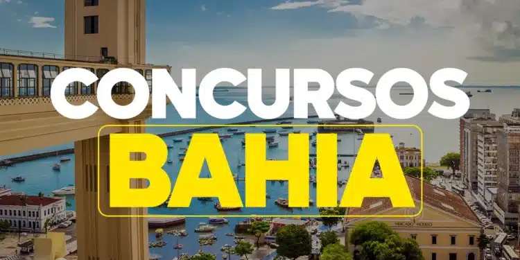 Elevador Lacerda e Baía de Todos os Santos com texto Concursos Bahia sobreposto à vista de Salvador