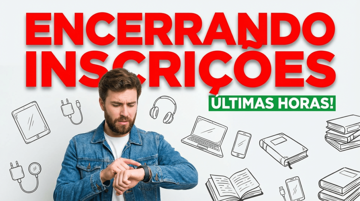 Homem barbudo de jaqueta jeans olha relógio preocupado com ícones de eletrônicos e livros ao redor