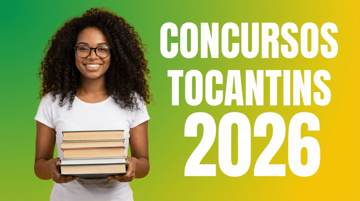 Jovem negra de cabelos cacheados e óculos segura pilha de livros, ao lado do texto "Concursos Tocantins 2026"
