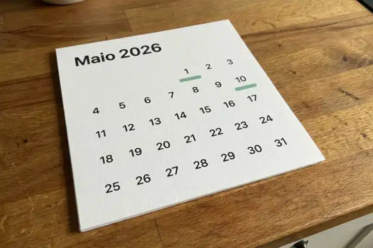 Calendário do mês de maio com datas representando o quinto dia útil para pagamento salarial em 2026