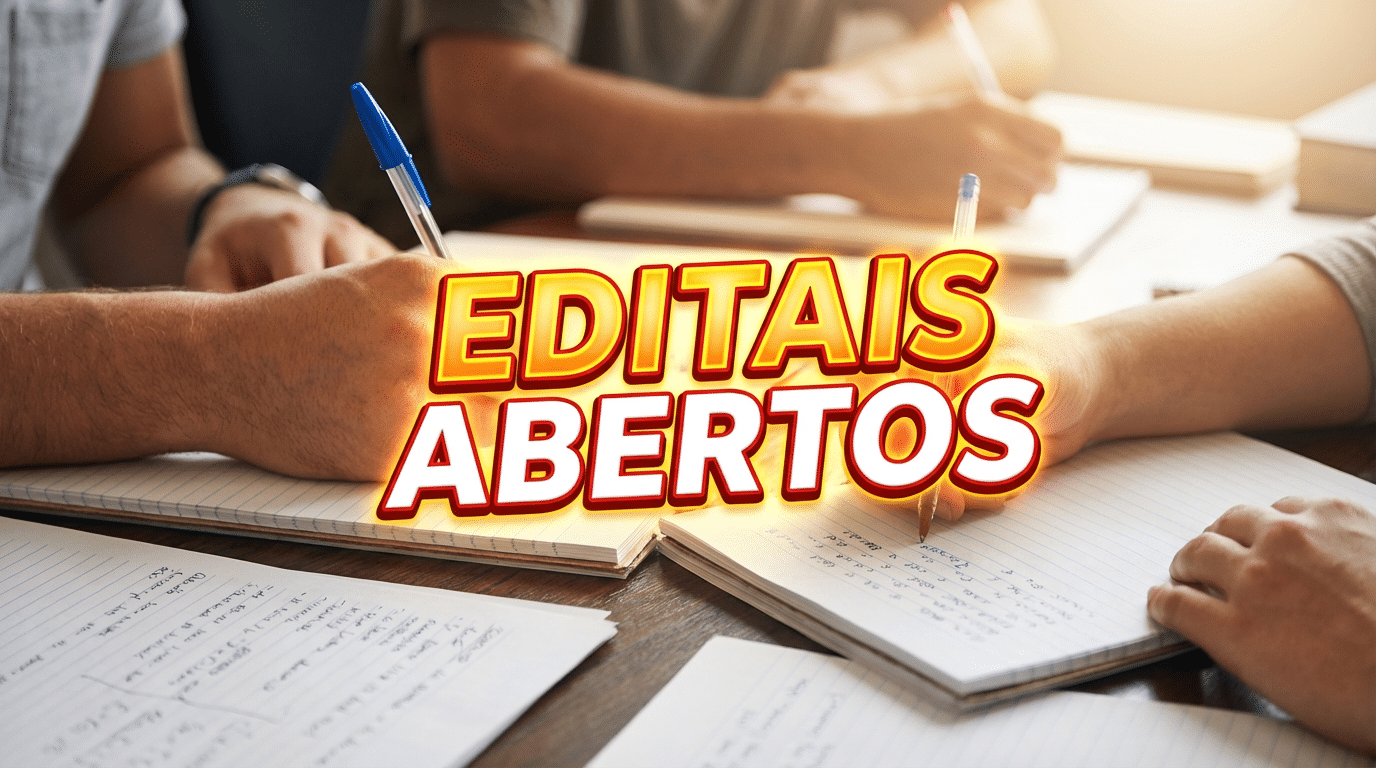 Mãos de três pessoas escrevendo em cadernos pautados sobre mesa de madeira com texto "Editais Abertos" em amarelo e vermelho