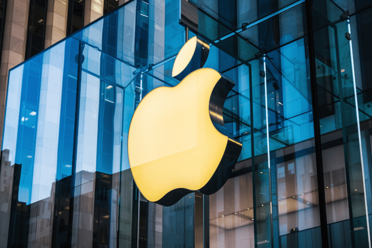 Logo dourado da Apple iluminado no icônico cubo de vidro da flagship store na Quinta Avenida, Manhattan