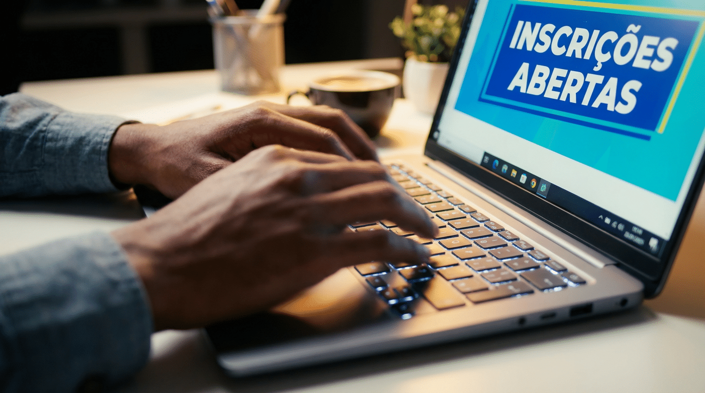 Mãos digitando em notebook prateado com tela mostrando "Inscrições Abertas" em fundo azul e ciano