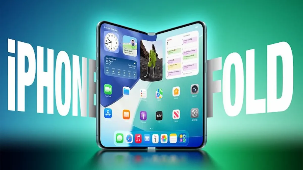 Imagem do novo iPhone dobrável da Apple com interface de tela flexível.