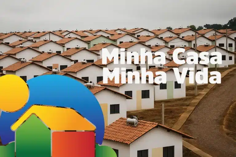 Conjunto de casas populares com telhados cerâmicos, aquecedor solar e logo do programa MCMV