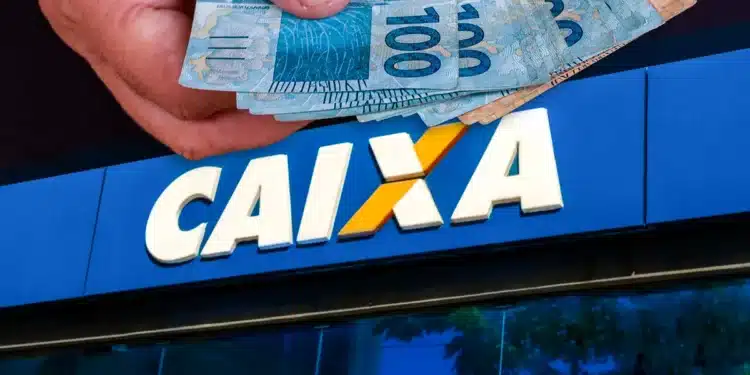 Logo da Caixa Econômica Federal com uma mão segurando notas de R$ 100, referindo-se ao pagamento de R$ 300 para CPFs com finais de 0 a 9.