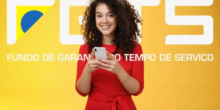 Mulher segurando celular diante de arte sobre o Fundo de Garantia do Tempo de Serviço, representando o uso de 20% do fundo para quitação de dívidas.