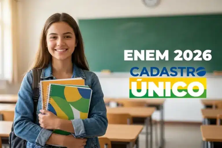 Estudante sorridente segurando cadernos em sala de aula com referência à isenção da taxa do Enem 2026 para participantes do CadÚnico.