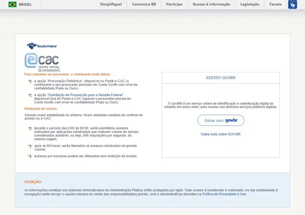 Interface do portal e-CAC da Receita Federal, com informações sobre como acessar e verificar pendências da restituição do Imposto de Renda.