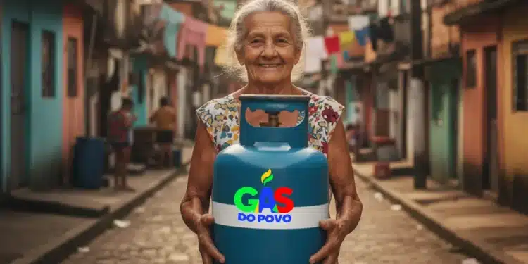 Gás do Povo 2026: idosa segura botijão de gás em comunidade com logo do programa