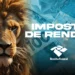 Leão representando o Imposto de Renda, destacando a Receita Federal e a temática de restituições pendentes do IR, com o valor de R$ 265 milhões em jogo.