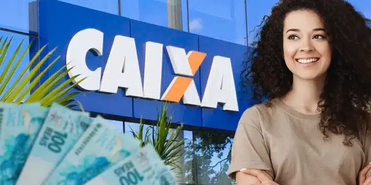 Fachada da Caixa Econômica Federal com uma pessoa sorrindo e segurando dinheiro em notas de 100 reais, representando o saque de R$ 6.220 disponível para CPFs com finais 0 a 9.
