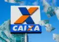 Notas de 100 reais ao redor do logo da Caixa representando a liberação de valores acima de R$ 6 mil para CPFs específicos