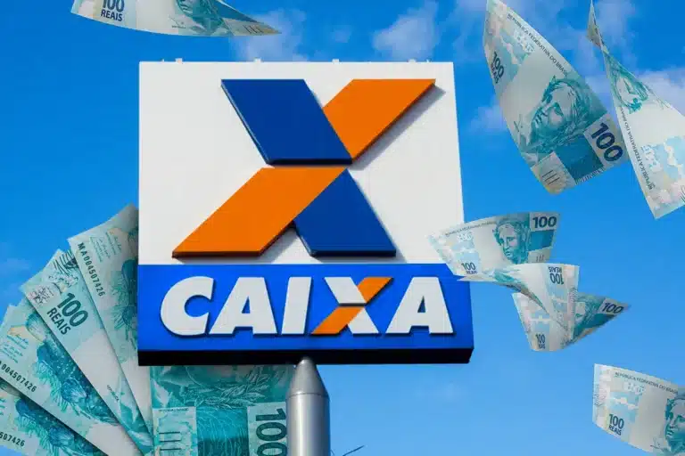 Notas de 100 reais ao redor do logo da Caixa representando a liberação de valores acima de R$ 6 mil para CPFs específicos