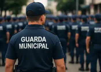 Agentes da Guarda Municipal em formação, uniformizados de azul marinho com boné, vistos de costas.