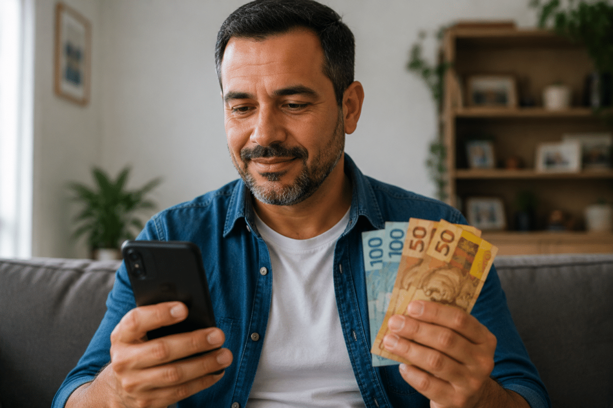 Homem de barba com camisa jeans segura celular preto e cédulas de R$100 e R$50 em sala de estar.