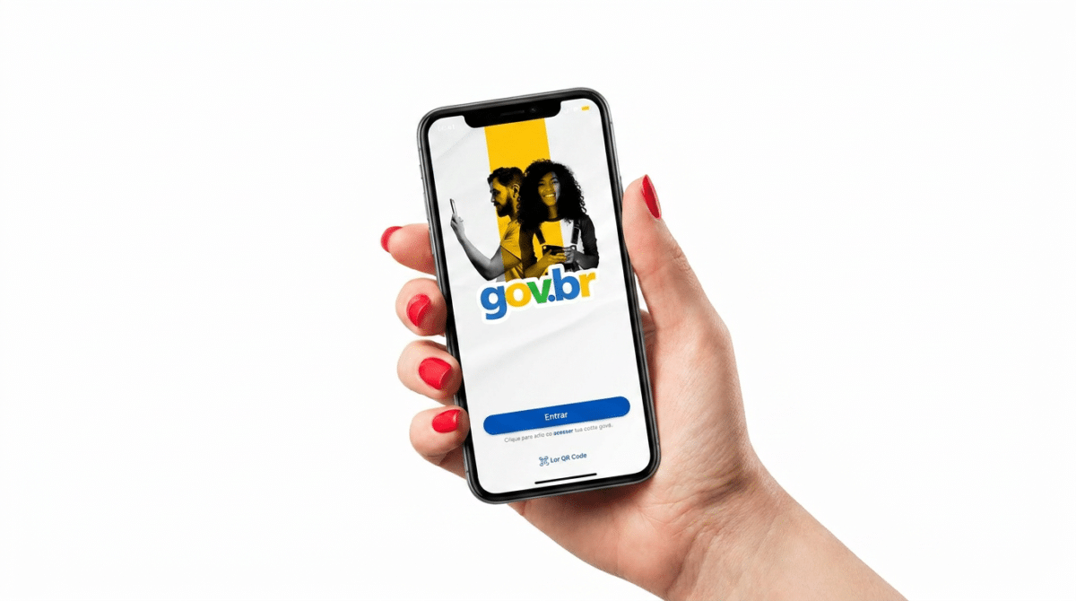 Aplicativo gov.br exibido em smartphone para acesso a serviços digitais.
